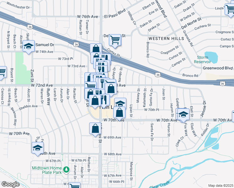 map of restaurants, bars, coffee shops, grocery stores, and more near 1420 West 71st Place in Denver