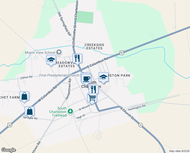 map of restaurants, bars, coffee shops, grocery stores, and more near 10 North Church Street in South Charleston