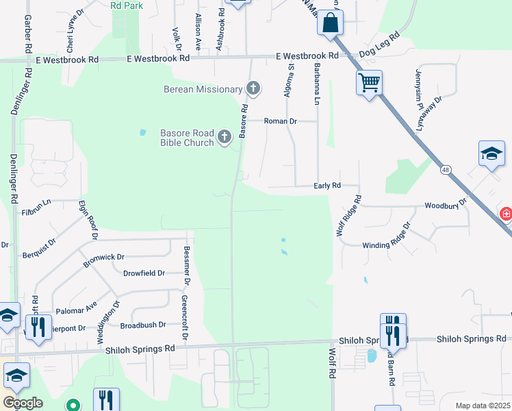 map of restaurants, bars, coffee shops, grocery stores, and more near 3370 Cortez Drive in Dayton