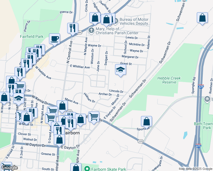 map of restaurants, bars, coffee shops, grocery stores, and more near 410 Wallace Drive in Fairborn