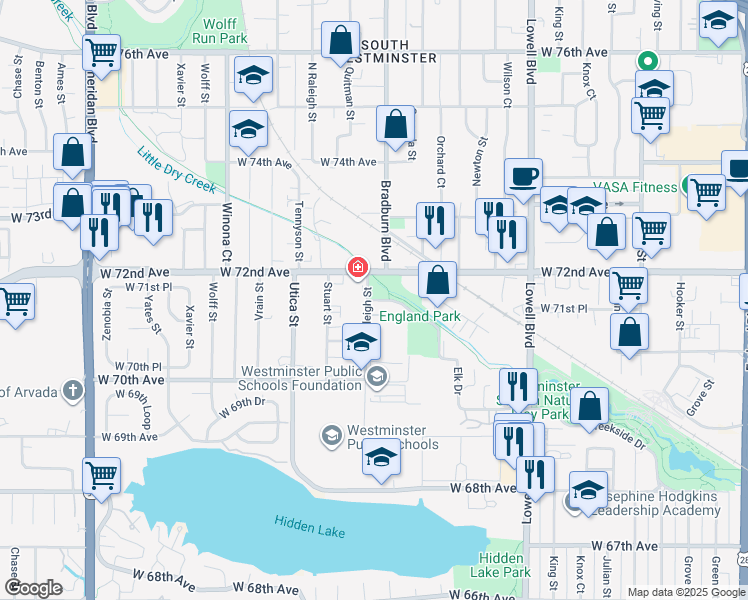 map of restaurants, bars, coffee shops, grocery stores, and more near 7155 Raleigh Street in Westminster