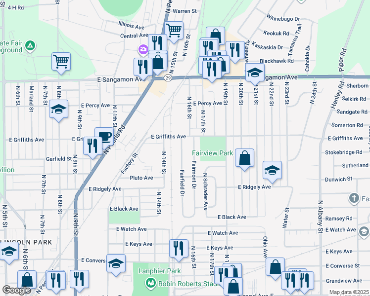 map of restaurants, bars, coffee shops, grocery stores, and more near 1801-1999 Fairfield Dr in Springfield
