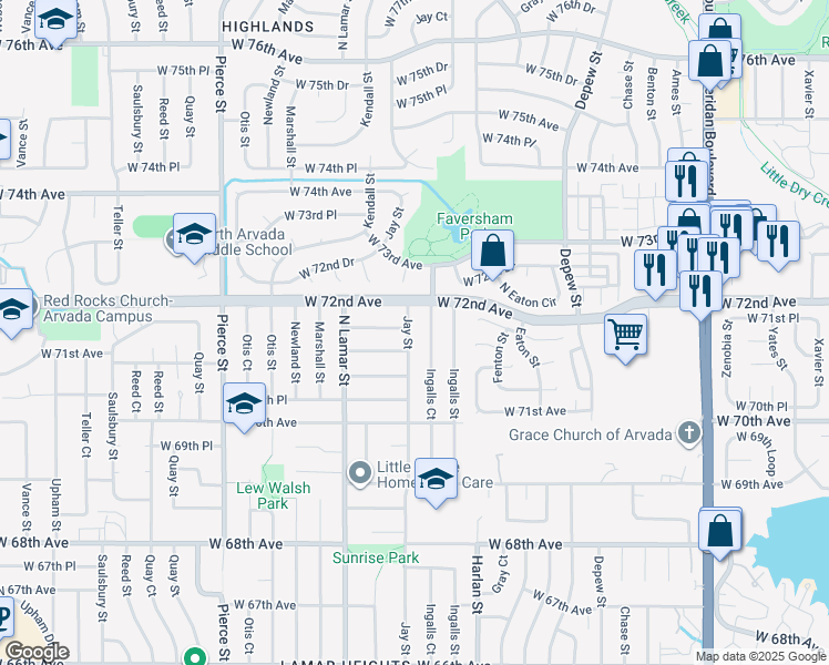 map of restaurants, bars, coffee shops, grocery stores, and more near 7136 Jay Street in Arvada