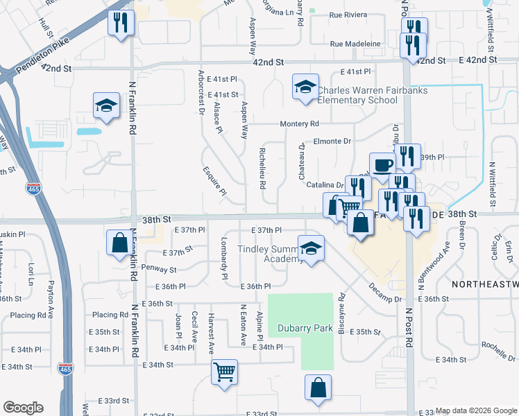 map of restaurants, bars, coffee shops, grocery stores, and more near 3830 Richelieu Road in Indianapolis
