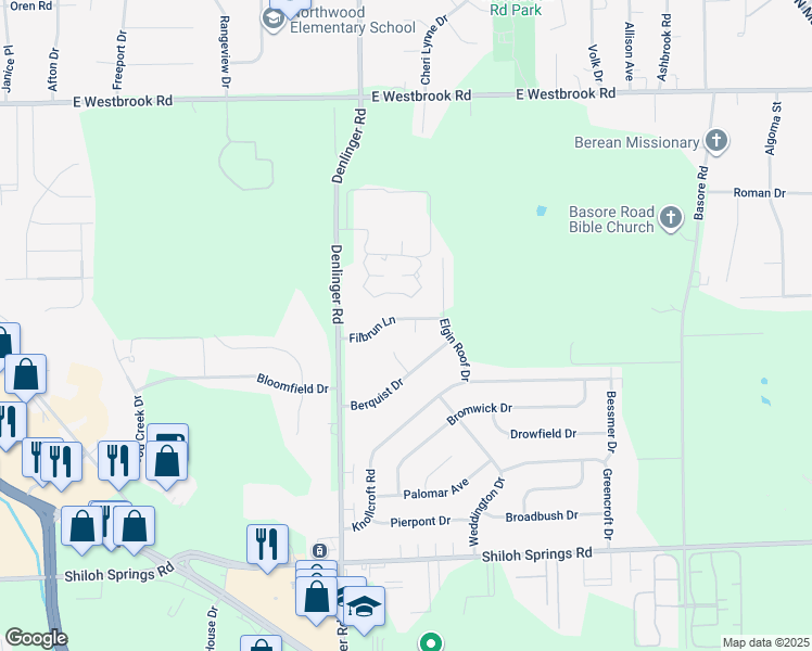 map of restaurants, bars, coffee shops, grocery stores, and more near 4400 Filbrun Lane in Dayton