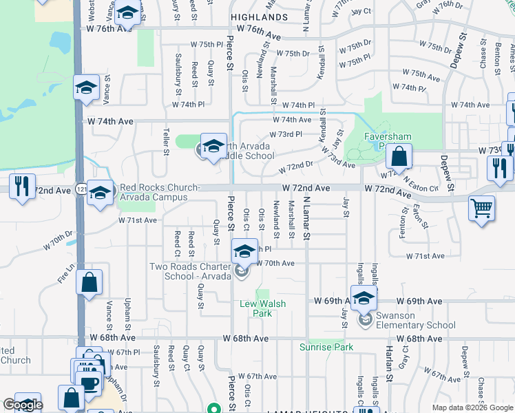 map of restaurants, bars, coffee shops, grocery stores, and more near 7127 Otis Street in Arvada