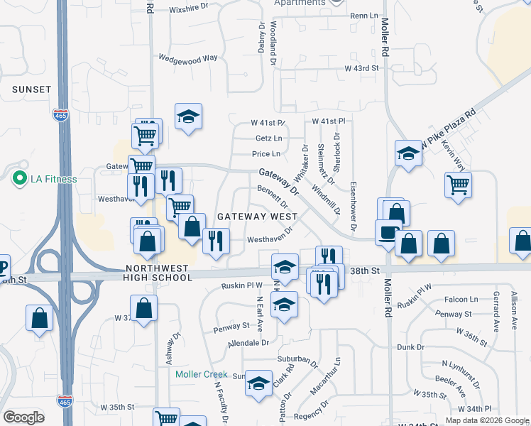 map of restaurants, bars, coffee shops, grocery stores, and more near 3968 Diamond Lane in Indianapolis