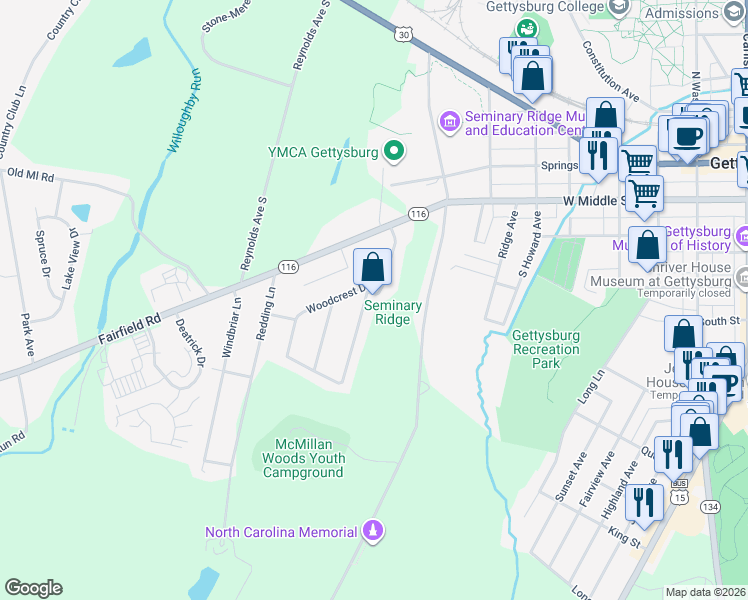 map of restaurants, bars, coffee shops, grocery stores, and more near 10 Confederate Drive in Gettysburg