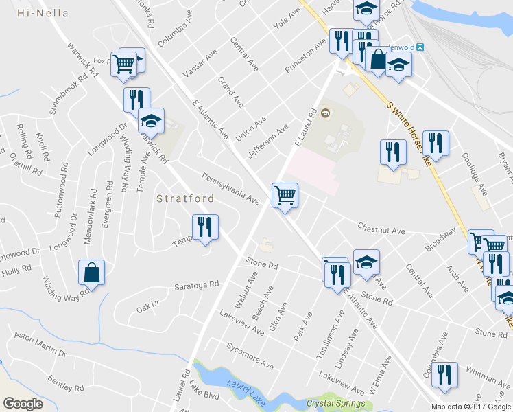 map of restaurants, bars, coffee shops, grocery stores, and more near 6 Pennsylvania Avenue in Stratford