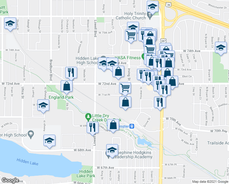 map of restaurants, bars, coffee shops, grocery stores, and more near 7101 Julian Way in Westminster
