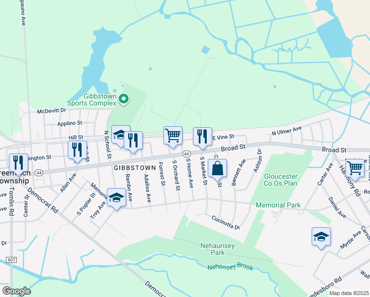 map of restaurants, bars, coffee shops, grocery stores, and more near 6 North Home Avenue in Greenwich Township