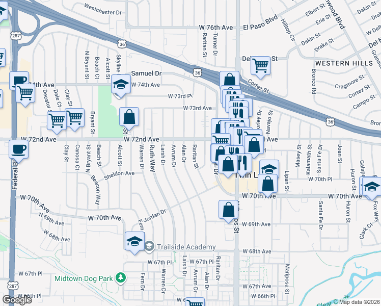 map of restaurants, bars, coffee shops, grocery stores, and more near 7140 Alan Drive in Denver