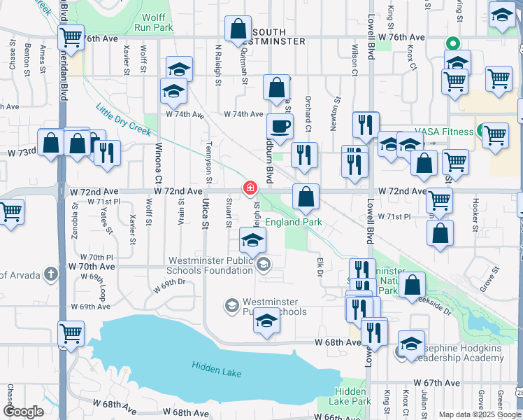 map of restaurants, bars, coffee shops, grocery stores, and more near 7186-7198 North Elk Drive in Westminster