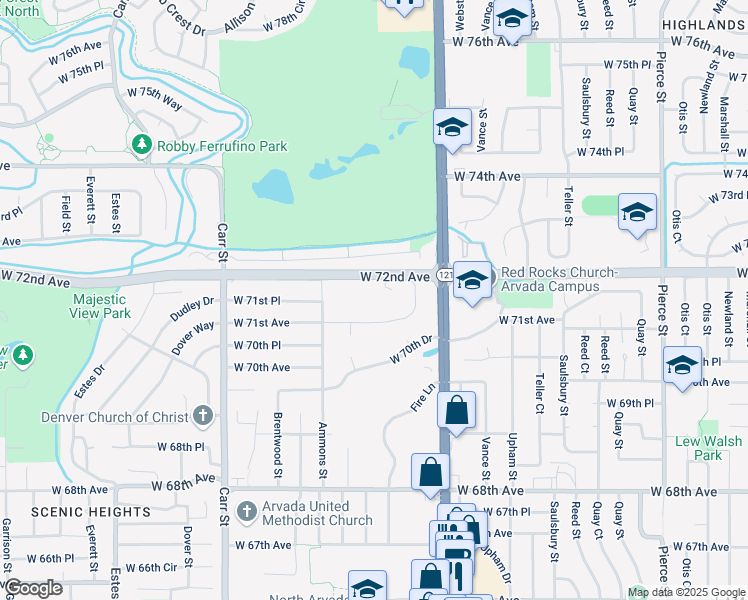map of restaurants, bars, coffee shops, grocery stores, and more near 8001 West 71st Avenue in Arvada