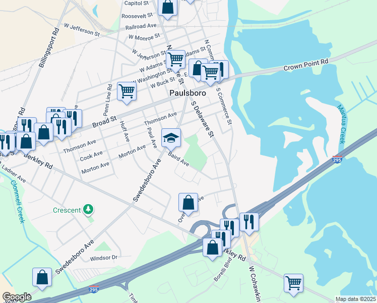 map of restaurants, bars, coffee shops, grocery stores, and more near 100 Baird Avenue in Paulsboro