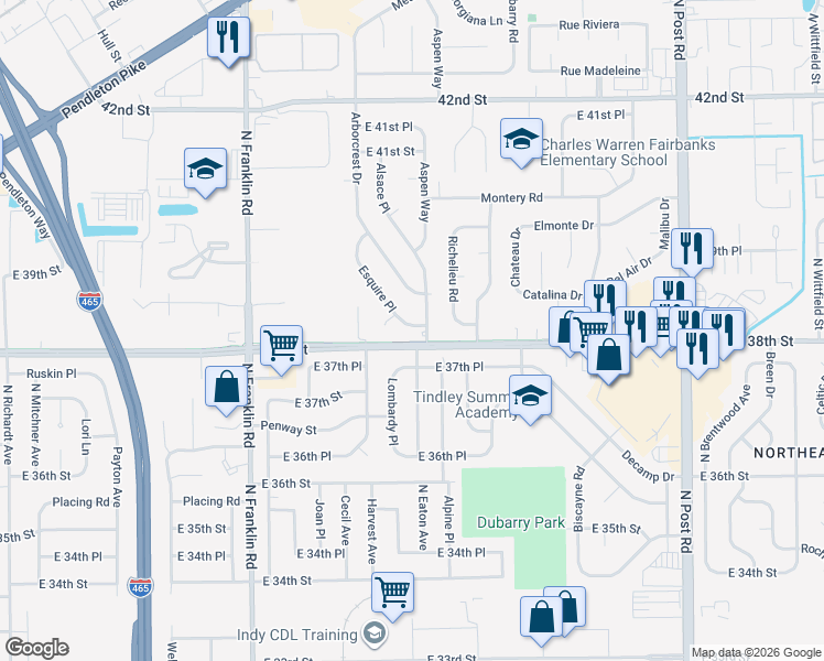 map of restaurants, bars, coffee shops, grocery stores, and more near 3814 Esquire Place in Indianapolis