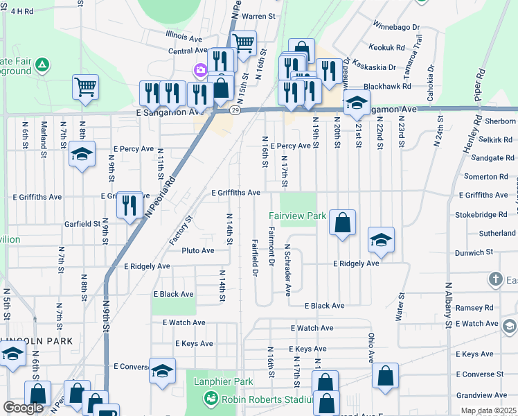 map of restaurants, bars, coffee shops, grocery stores, and more near 1801-1999 Fairfield Dr in Springfield