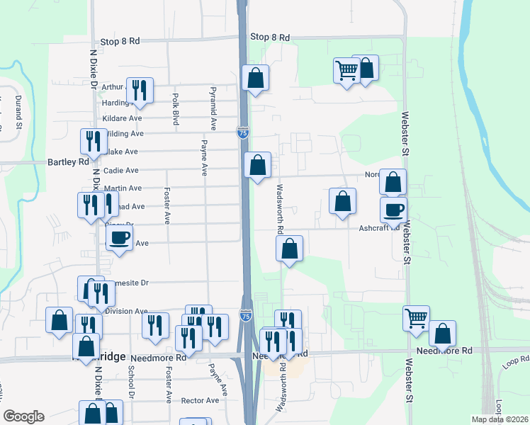map of restaurants, bars, coffee shops, grocery stores, and more near 5463 Wadsworth Road in Dayton