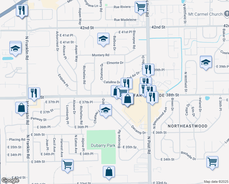 map of restaurants, bars, coffee shops, grocery stores, and more near 3815 Monica Court in Indianapolis