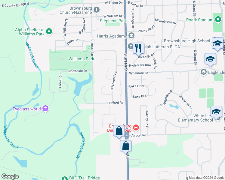 map of restaurants, bars, coffee shops, grocery stores, and more near 1141 Briarwood Drive in Brownsburg