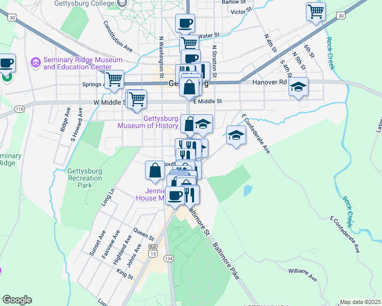 map of restaurants, bars, coffee shops, grocery stores, and more near 314 Baltimore Street in Gettysburg