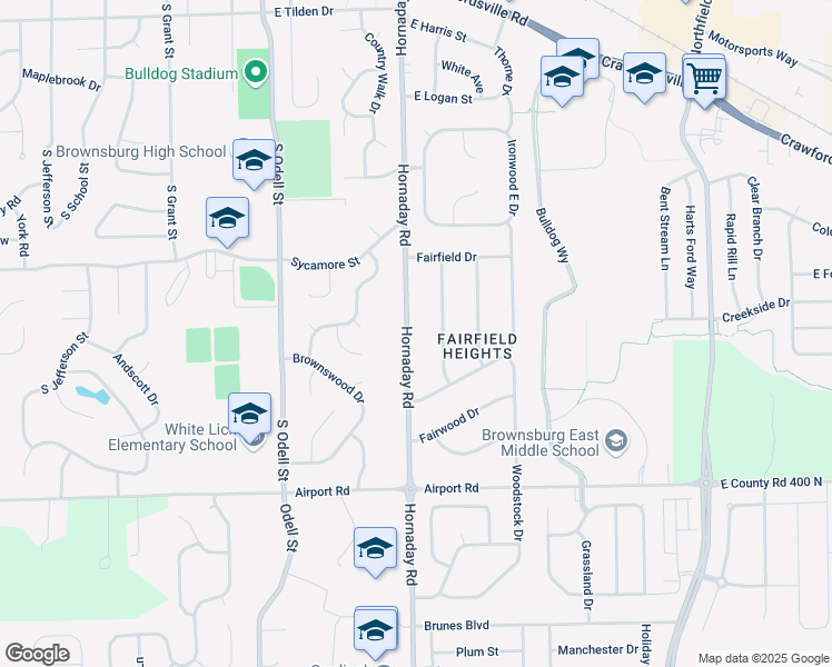 map of restaurants, bars, coffee shops, grocery stores, and more near 1215 Hornaday Road in Brownsburg