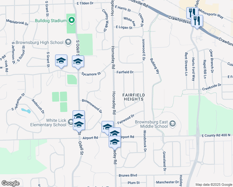 map of restaurants, bars, coffee shops, grocery stores, and more near 1215 Hornaday Road in Brownsburg