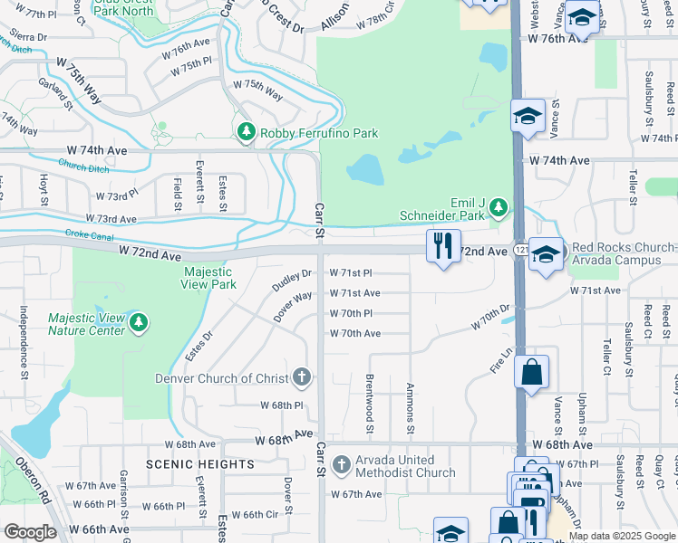 map of restaurants, bars, coffee shops, grocery stores, and more near 8341 West 71st Place in Arvada