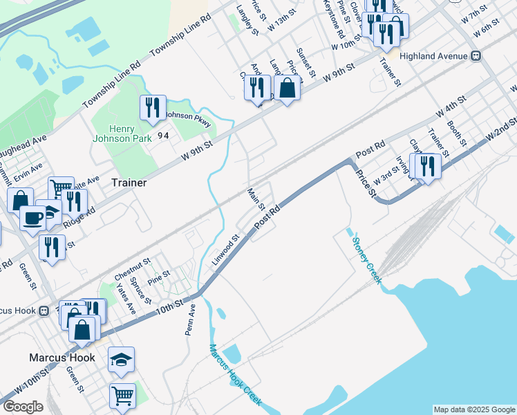 map of restaurants, bars, coffee shops, grocery stores, and more near 4213 West 5th Street in Marcus Hook