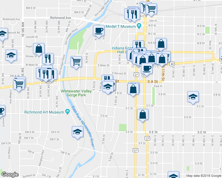 map of restaurants, bars, coffee shops, grocery stores, and more near 131 South 5th Street in Richmond