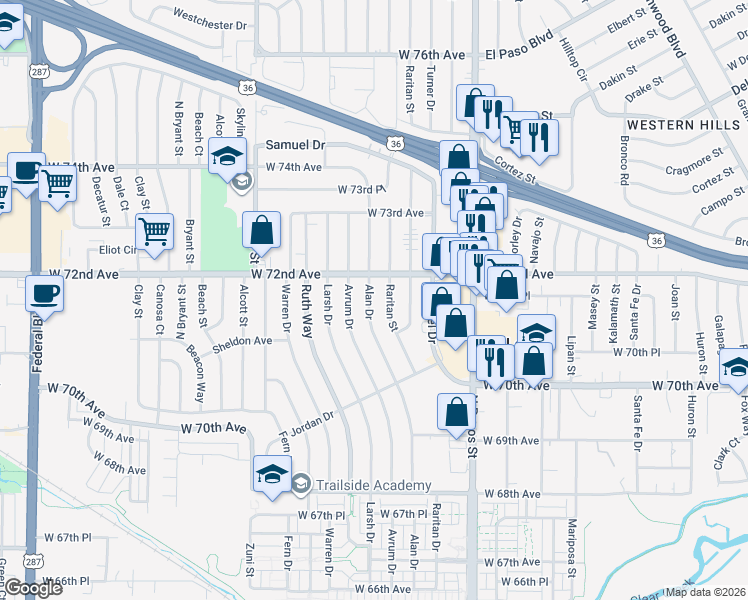 map of restaurants, bars, coffee shops, grocery stores, and more near 7140 Alan Drive in Denver
