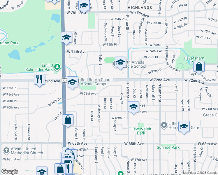 map of restaurants, bars, coffee shops, grocery stores, and more near 7034 West 71st Place in Arvada