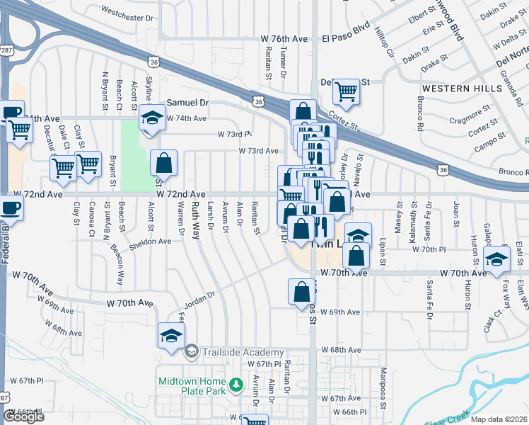 map of restaurants, bars, coffee shops, grocery stores, and more near 7151 Quivas Street in Denver