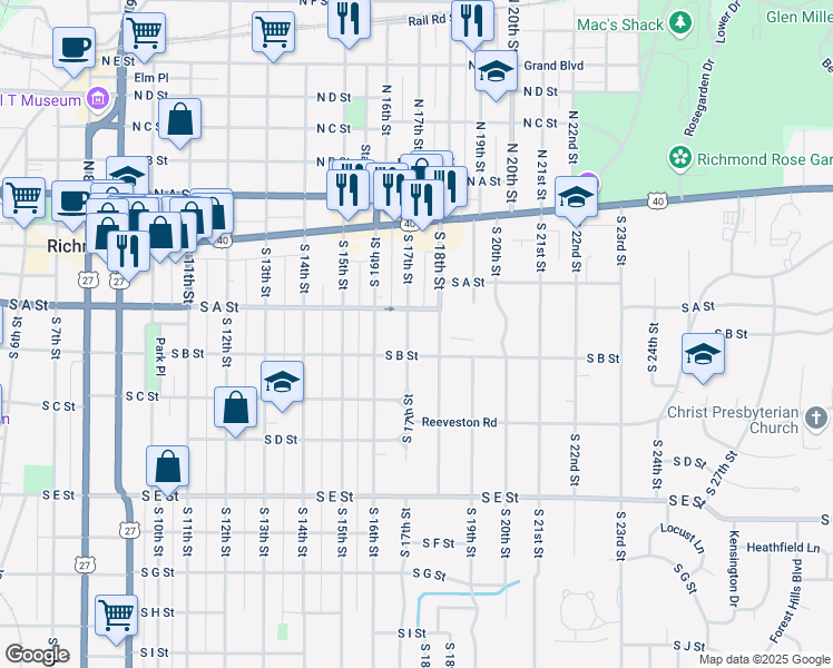map of restaurants, bars, coffee shops, grocery stores, and more near 121 South 17th Street in Richmond