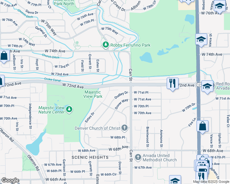 map of restaurants, bars, coffee shops, grocery stores, and more near 8604 West 71st Circle in Arvada