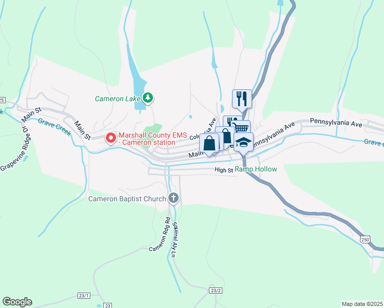 map of restaurants, bars, coffee shops, grocery stores, and more near 99 Main St in Cameron