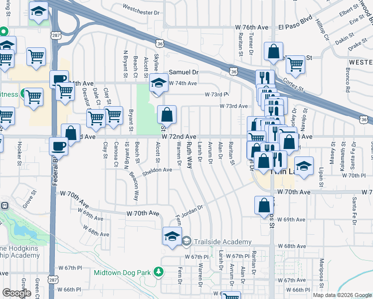 map of restaurants, bars, coffee shops, grocery stores, and more near 7141 Ruth Way in Denver