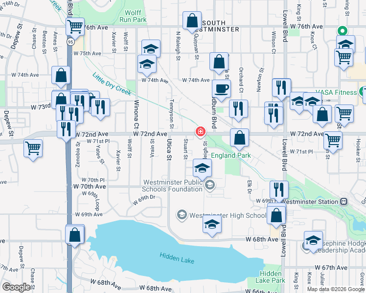 map of restaurants, bars, coffee shops, grocery stores, and more near 7179 Stuart Street in Westminster