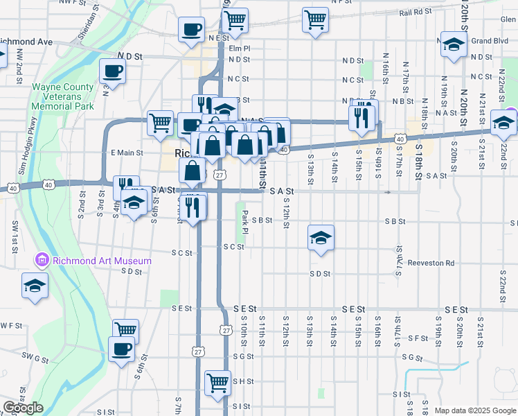 map of restaurants, bars, coffee shops, grocery stores, and more near 120 South 11th Street in Richmond
