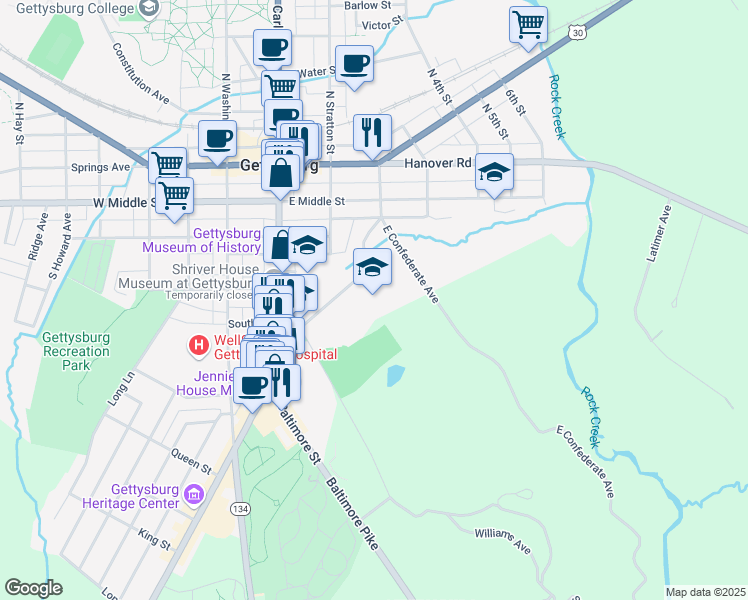 map of restaurants, bars, coffee shops, grocery stores, and more near 157 Lefever Street in Gettysburg