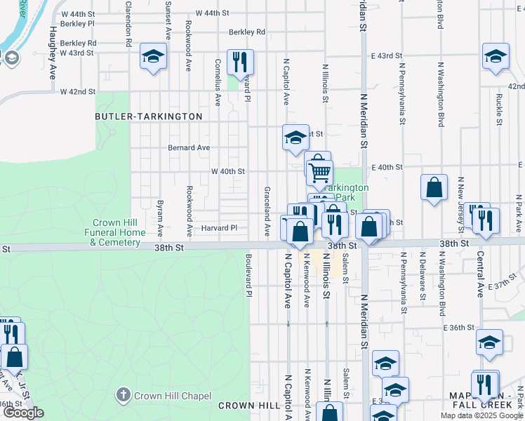 map of restaurants, bars, coffee shops, grocery stores, and more near 3902 Graceland Avenue in Indianapolis