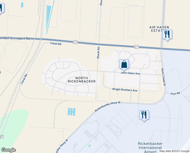 map of restaurants, bars, coffee shops, grocery stores, and more near 6829 Shook Road in Columbus
