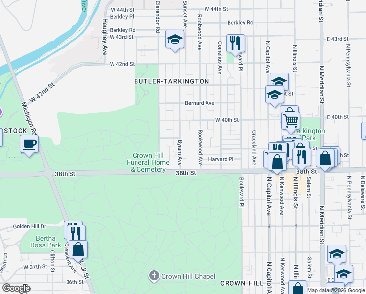 map of restaurants, bars, coffee shops, grocery stores, and more near 3853 Byram Avenue in Indianapolis