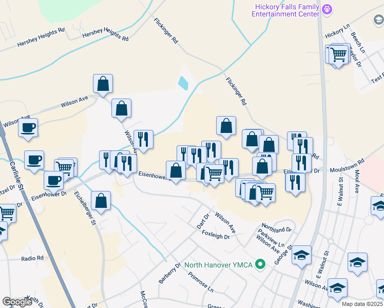 map of restaurants, bars, coffee shops, grocery stores, and more near 360 Eisenhower Drive in Hanover