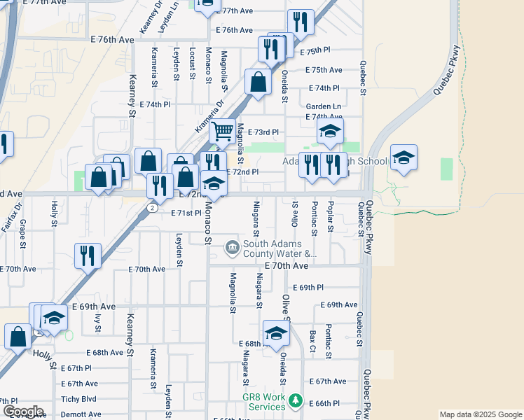 map of restaurants, bars, coffee shops, grocery stores, and more near 6690 East 72nd Avenue in Commerce City
