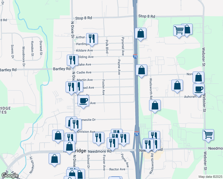 map of restaurants, bars, coffee shops, grocery stores, and more near 2216 Nomad Avenue in Dayton