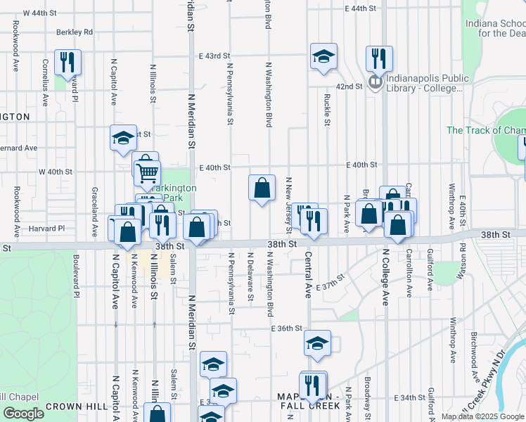 map of restaurants, bars, coffee shops, grocery stores, and more near 3854 North Washington Boulevard in Indianapolis
