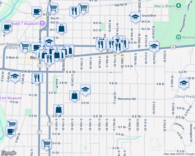 map of restaurants, bars, coffee shops, grocery stores, and more near 120 South 15th Street in Richmond