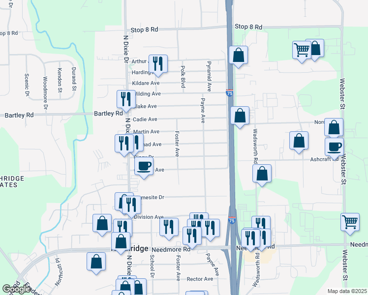 map of restaurants, bars, coffee shops, grocery stores, and more near 2216 Nomad Avenue in Dayton