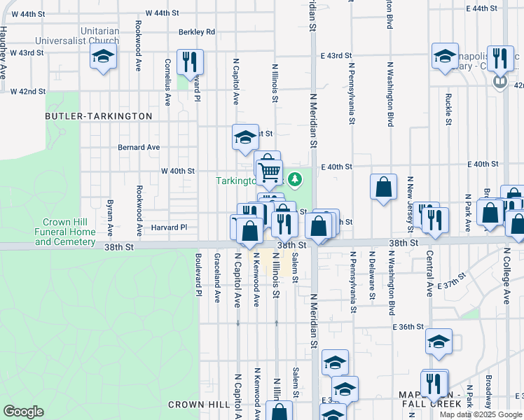 map of restaurants, bars, coffee shops, grocery stores, and more near 3903 North Kenwood Avenue in Indianapolis